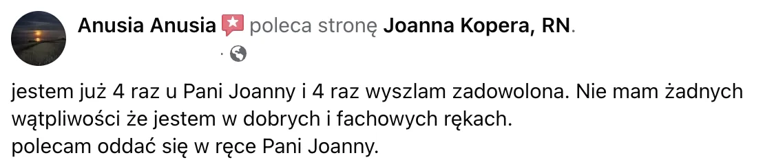 Opinia o szkoleniu lub zabiegu u Joanny Kopery