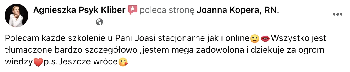 Opinia o szkoleniu lub zabiegu u Joanny Kopery