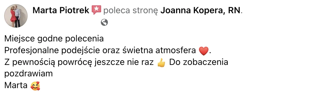 Opinia o szkoleniu lub zabiegu u Joanny Kopery