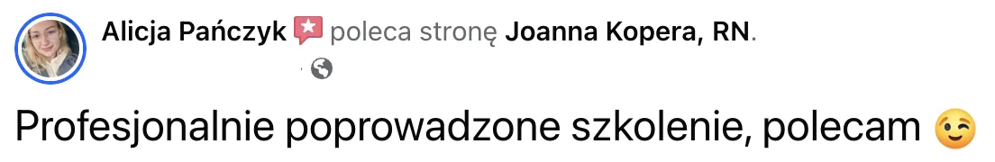 Opinia o szkoleniu lub zabiegu u Joanny Kopery