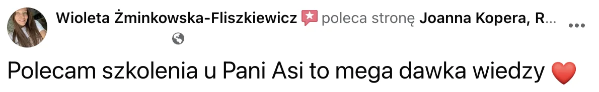 Opinia o szkoleniu lub zabiegu u Joanny Kopery